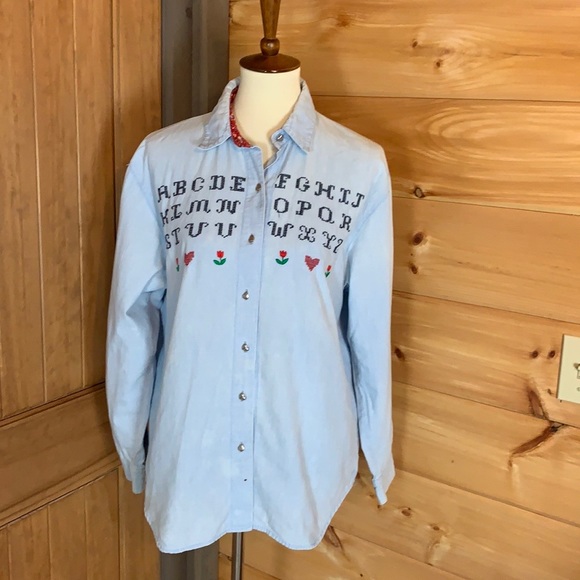 Eagle’s Eye Tops - Vintage Eagle’s Eye chambray denim shirt with cross stitch alphabet letters